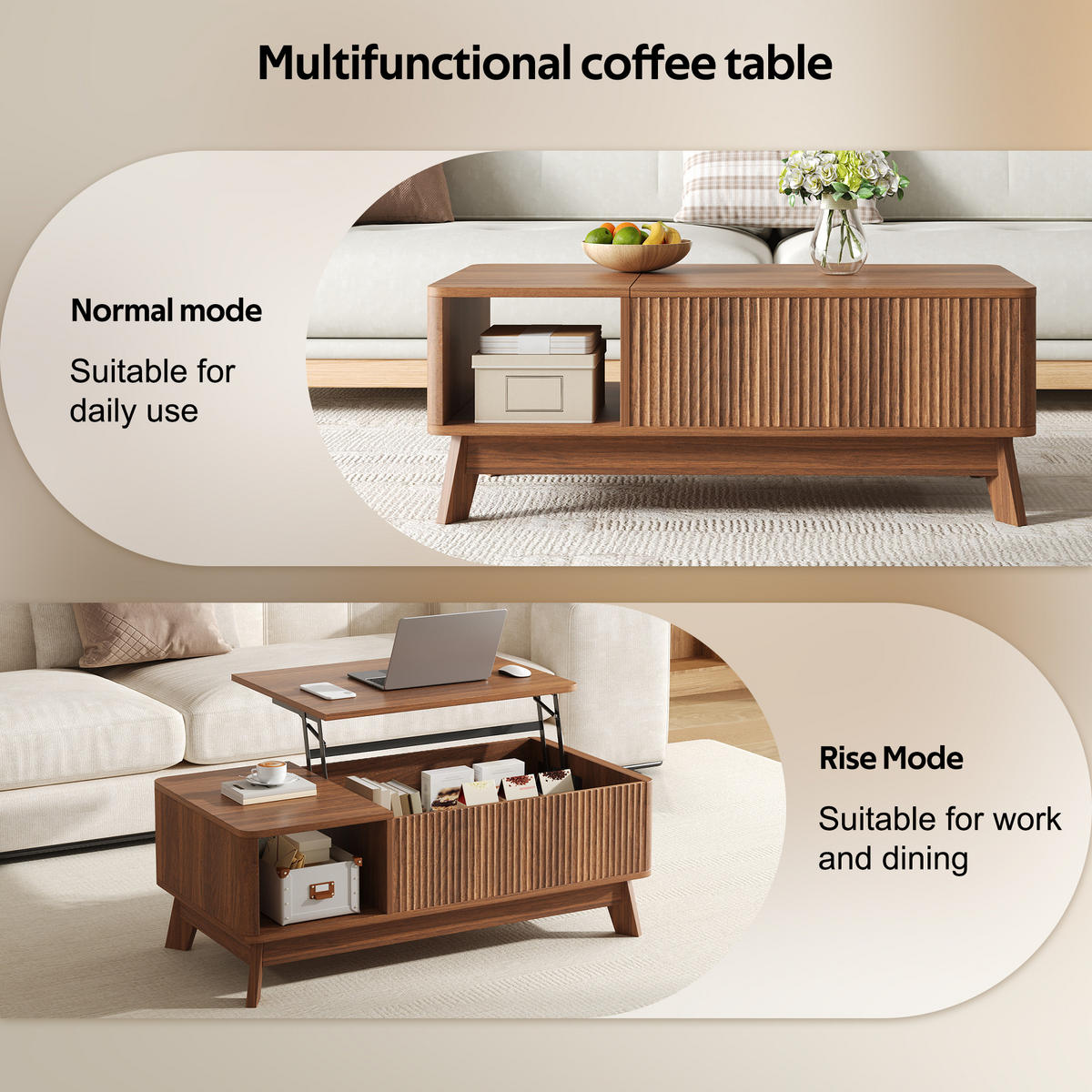 COUCHTISCH Nussbaum 95/48/50 cm mit Hubfunktion - Walnussfarben, Holzwerkstoff (48/95/50cm) - PANGIVO
