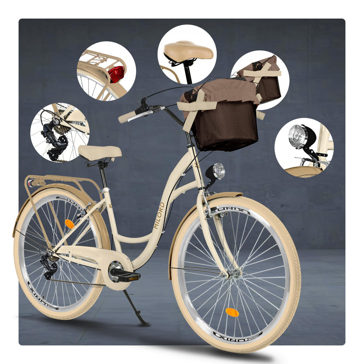 CITY-FAHRRAD Milord mit Metallkorb, 28 Zoll, Creme-Braun, 7-Gang - Creme/Braun, Metall (46cm) - Milordbikes