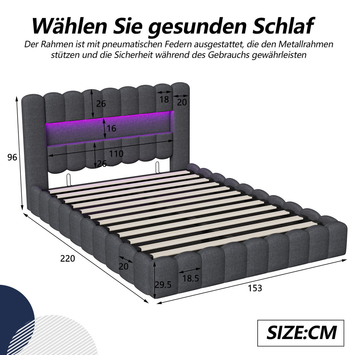 STAURAUMBETT 140x200 cm Doppelbett, mit USB-Anschluss und LED-Beleuchtung, Leinenstoff, Grau - Grau, Holz (140/200cm) - BRILVERDE
