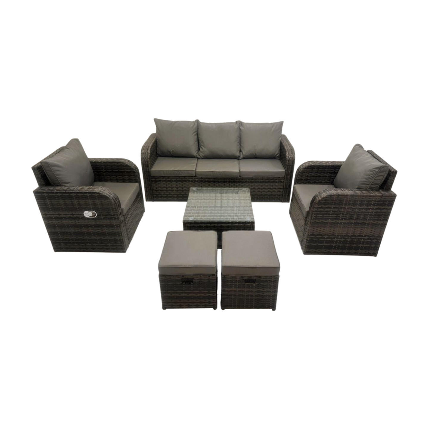 GARTENMÖBELGARNITUR mit KISSEN Polyrattan Dunkelgrau 7-Sitzer - Dunkelgrau/Grau, Glas/Kunststoff - Fimous