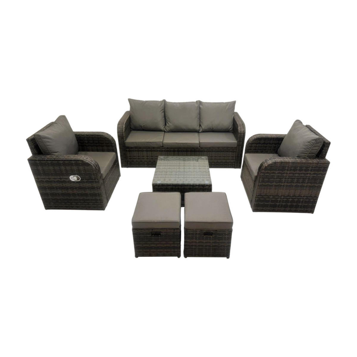 GARTENMÖBELGARNITUR mit KISSEN Polyrattan Dunkelgrau 7-Sitzer - Dunkelgrau/Grau, Glas/Kunststoff - Fimous