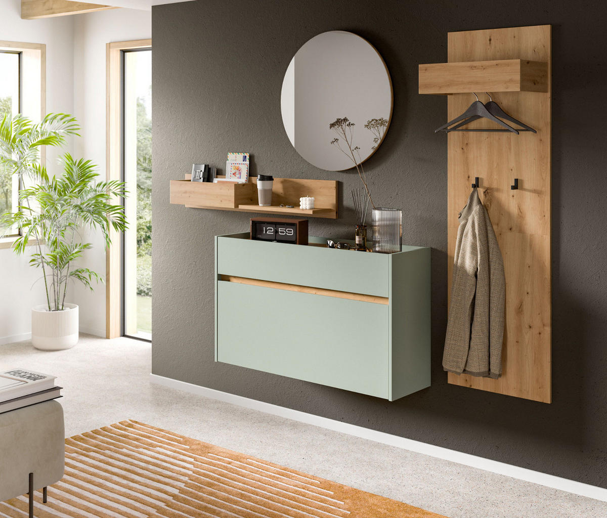GARDEROBEN-SET Salbei grün, Eiche Artisan 205 cm 4-teilig, Garderobenschränke hängend - Salbeigrün/Eiche Artisan, Glas/Holzwerkstoff (205/197/32cm) - Inn.Furn