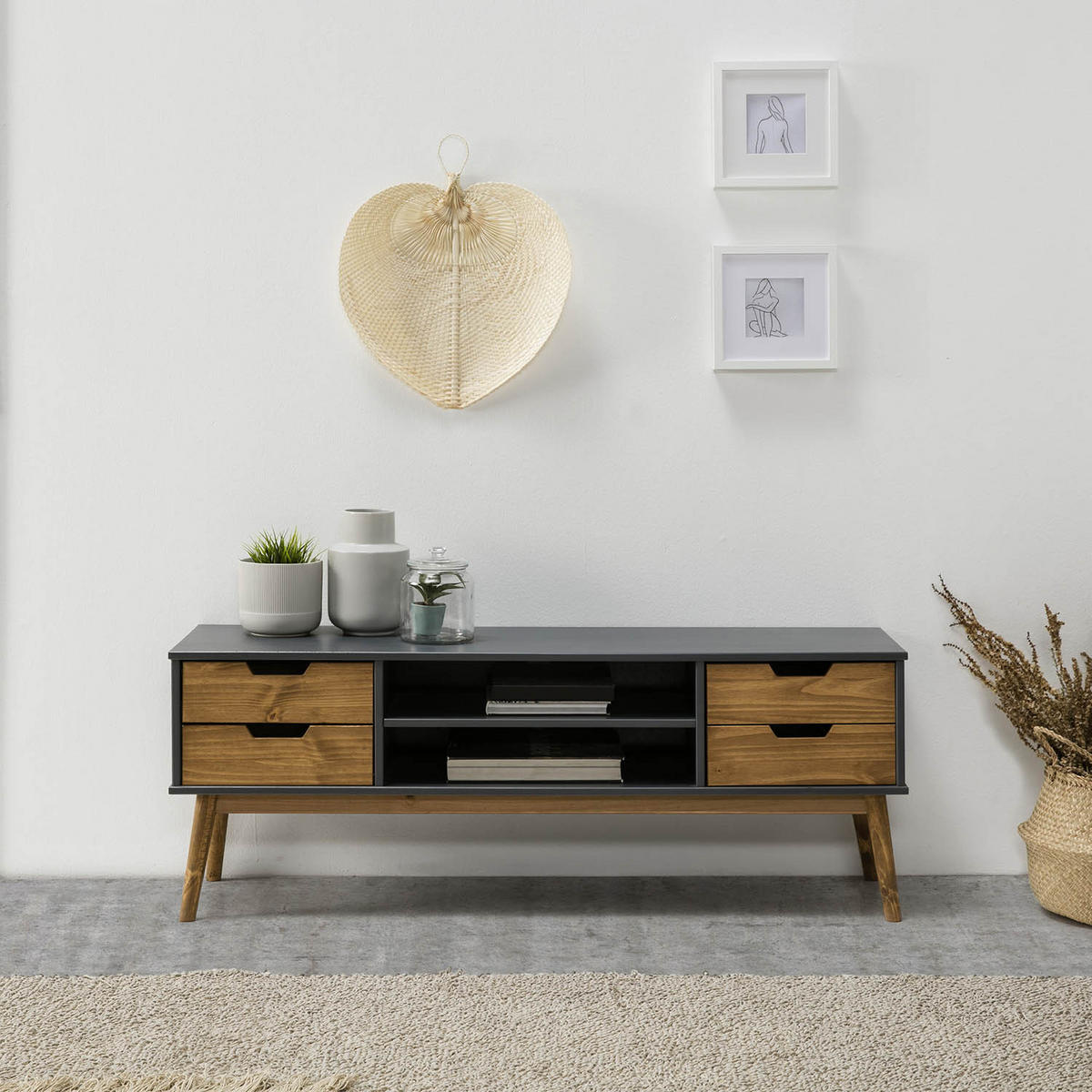TV-ELEMENT Java 1 Tür 2 Schubladen Grau - Anthrazit, Holz (140/52/40cm) - VS Venta-stock