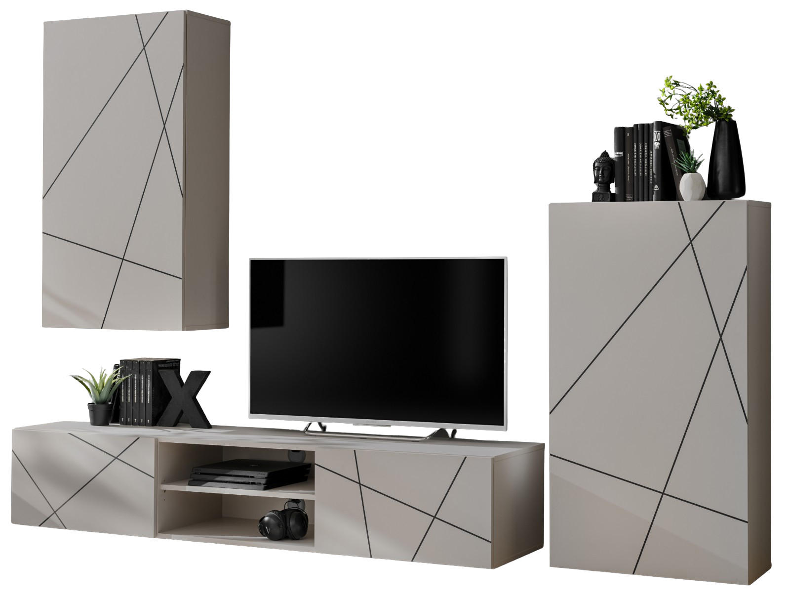 WOHNWAND Kaschmir, schwarz 260 cm, Schrankwand mit Streifendruck, Push-to-Open - Kaschmir/Schwarz, Holzwerkstoff/Kunststoff (260/180/45cm) - Furn.Design