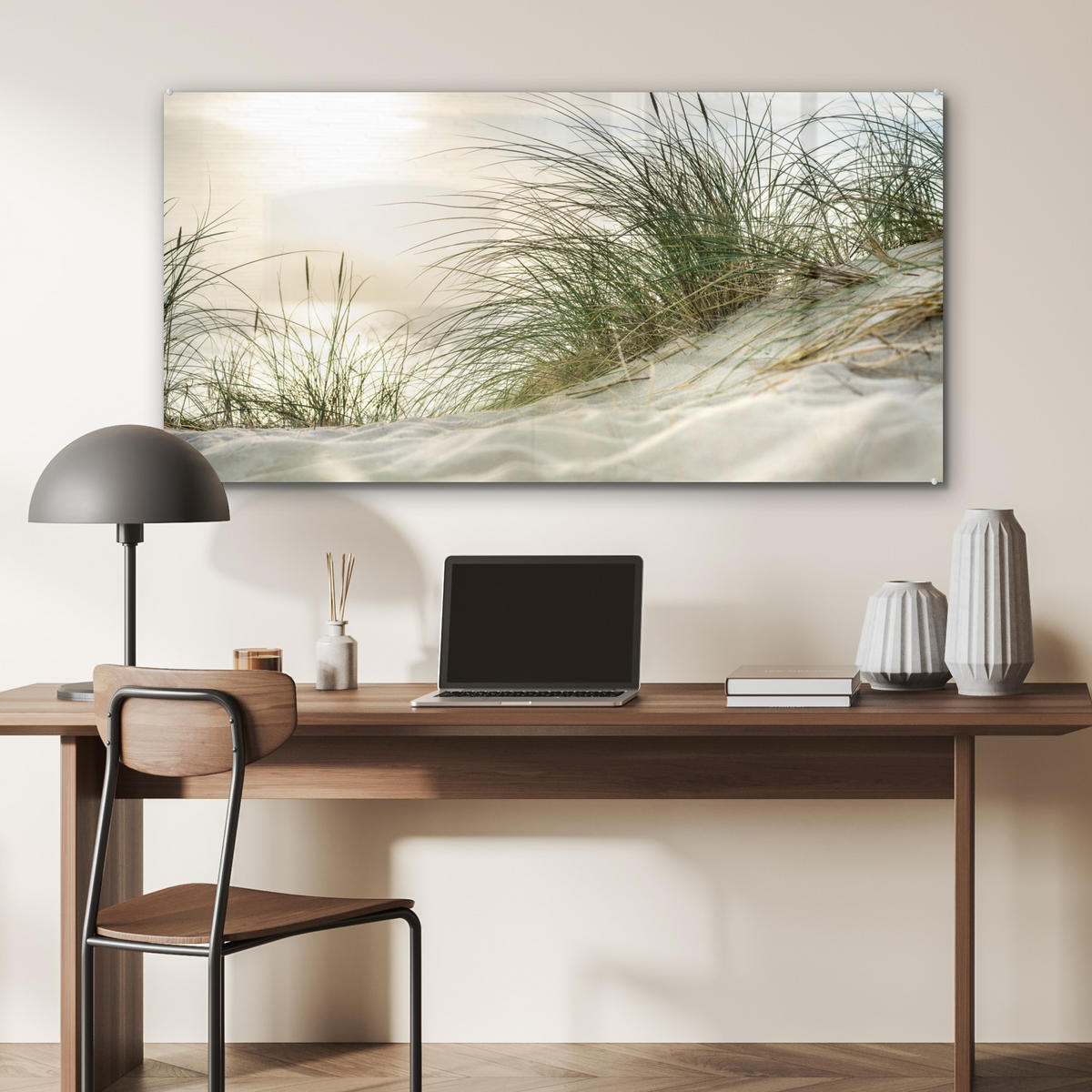OBRAZ NA AKRYLOVOM SKLE Duny s marramovou trávou pod slnkom nemeckého národného parku Schleswig-Holsteinisches Wattenmeer 120x60 cm - krémová, sklo (120/60cm) - MuchoWow