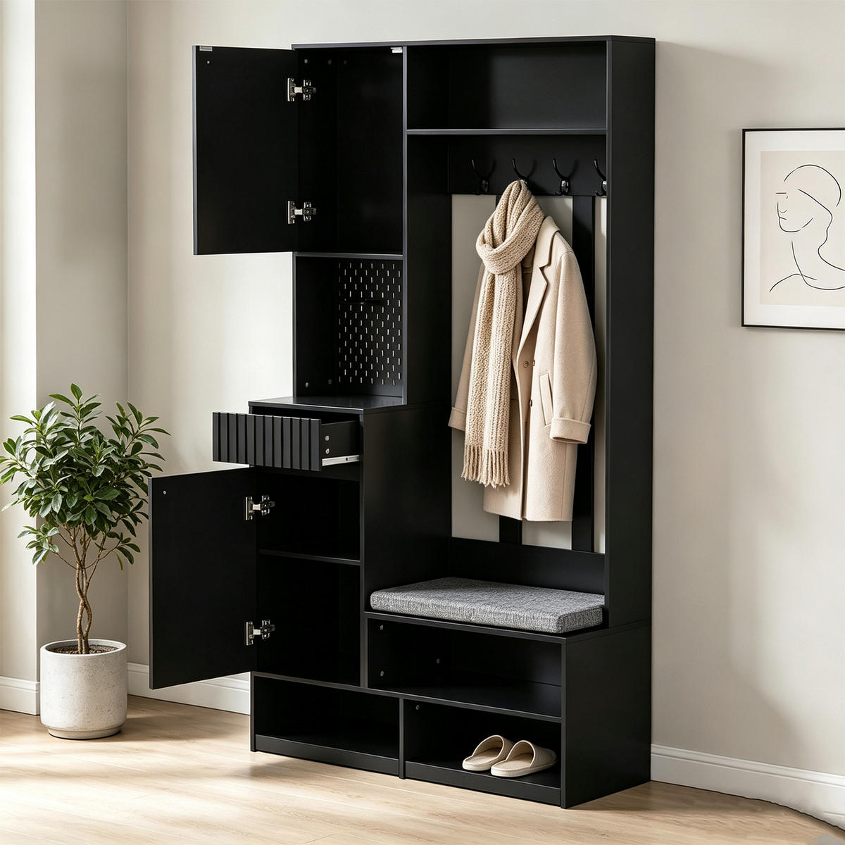 FLUR-SET mit Bank, 4 Haken, Türen und Schubladen, schwarz - Schwarz, Holz (35/180/100cm) - Meubles Cosy