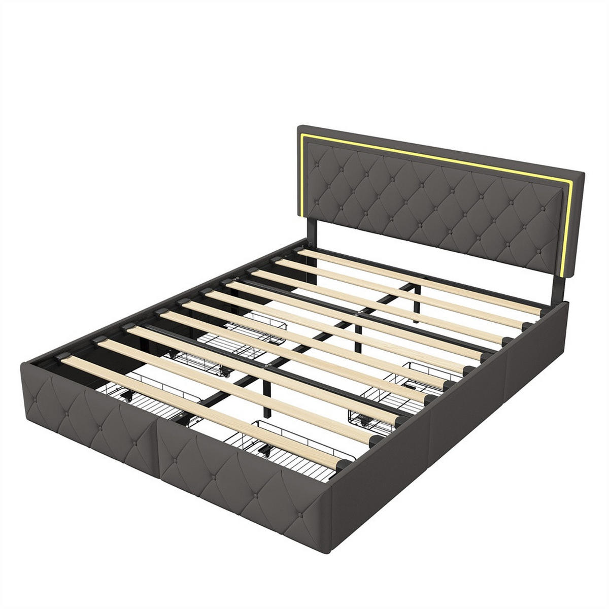 POLSTERBETT 140x200 cm - Doppelbett mit 4 Schubladen und LED-Kopfteilbeleuchtung - Grau - ohne Matratze - Grau, Textil (140/200cm) - DELFA