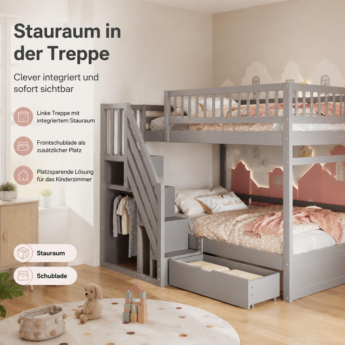 ETAGENBETT 140/200 cm aus Kiefernholz mit Stauraumtreppe und Schubladen Grau - Grau, Holz (140/200cm) - Modenvie