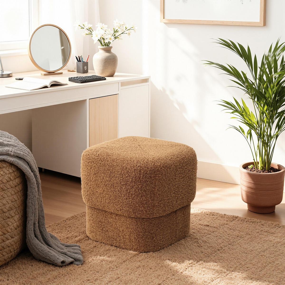 HOCKER Teddy-Stoff Braun 41 x 41 x 39 cm - Braun, Holzwerkstoff (42/40/42cm) - Hometopia