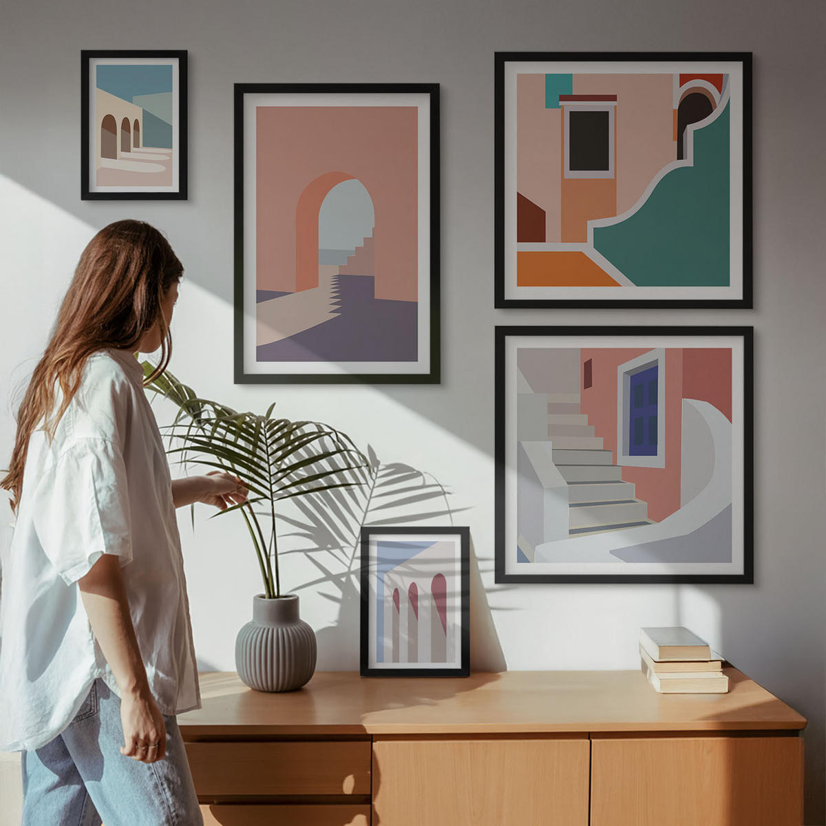 WANDBILDER 5er-Set - 50x50 cm & 20x30 cm & 40x60 cm Schwarzer Rahmen - Minimalistische Pastellgrafiken - Schwarz, Kunststoff (40/60cm) - ArtPrintCave