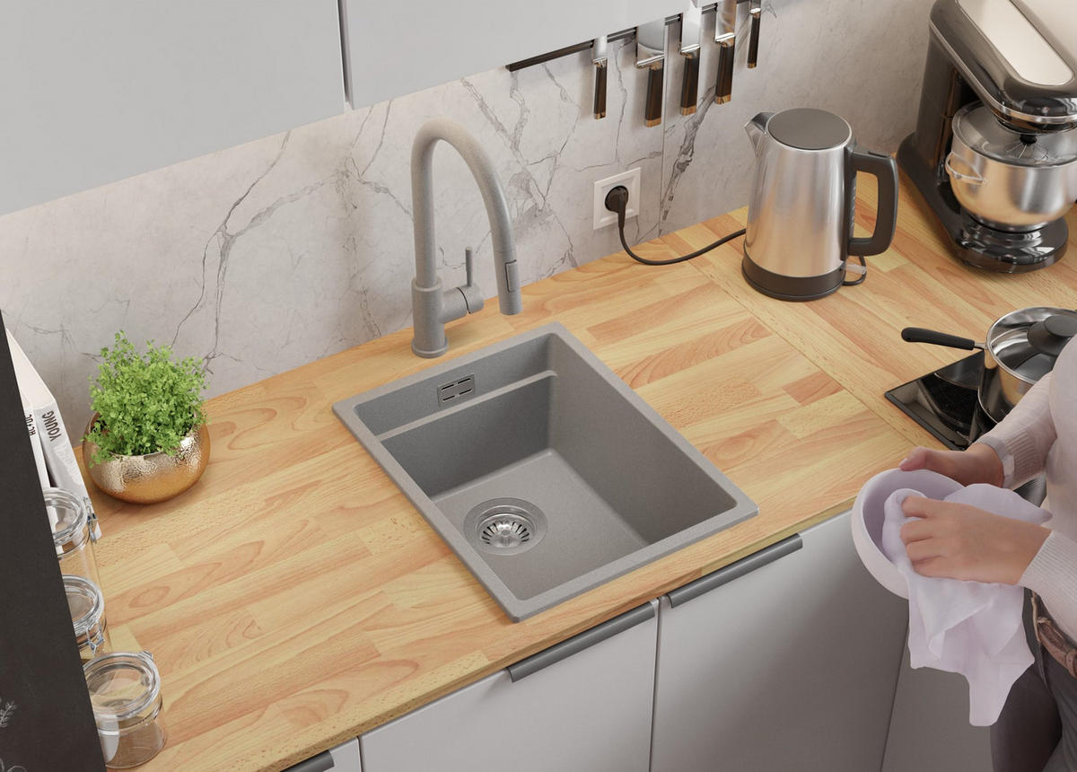 GRANITSPÜLE Praga Slim, 2-er set Grau 36/47 cm 1 Becken + Küchenarmatur 40/20 cm + Ablauf-Set + Aufrollbare Abtropffläche ab 40er Unterschrank - Chromfarben/Grau, Kunststoff (36/20/47cm) - Primagran