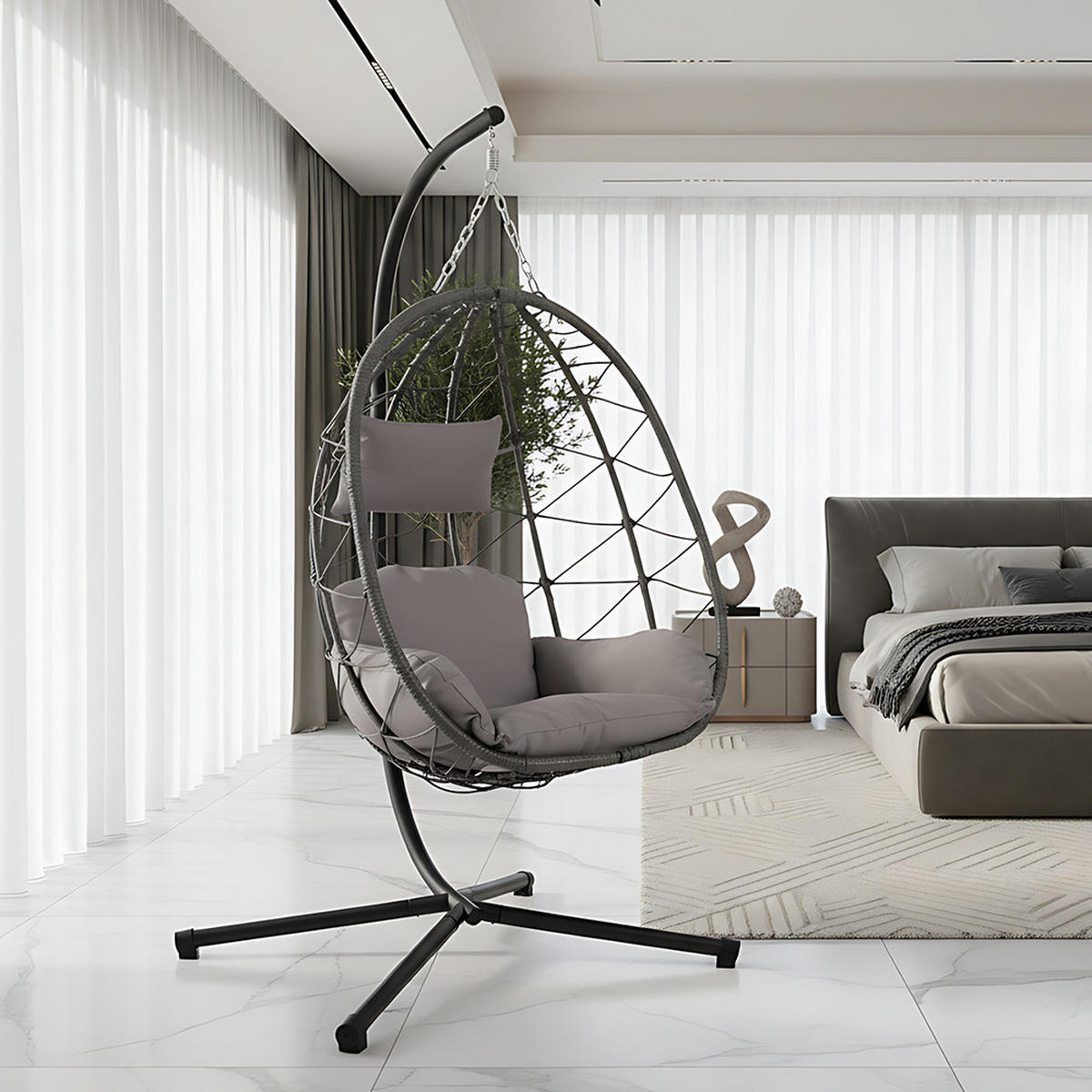 HÄNGESESSEL mit Gestell und Kissen aus Stahl PE-Rattan Polyester in Braun Schwarz Mittelgrau100 cm x 100 cm x 195 cm - Grau, Metall (100/195/100cm) - Livingandhome