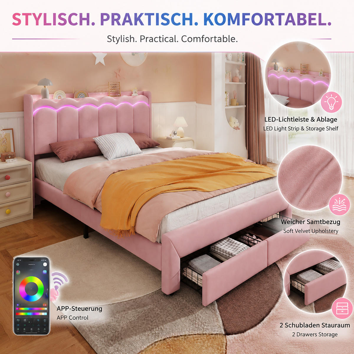 KINDER-POLSTERBETT aus Samt 140x200 cm Rosa mit Schubladen, Ablagefläche und App-LED-Beleuchtung - Pink, Textil (140/200cm) - Modfu