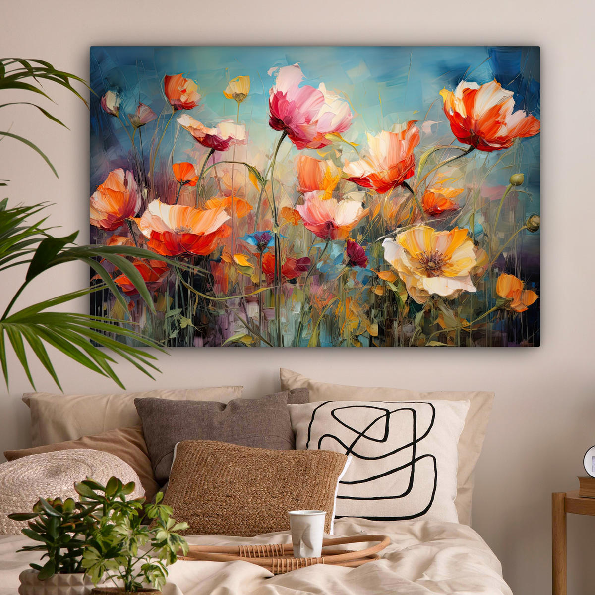 LEINWANDBILD Blumen - Aquarell - Kunst - Botanisch - Natur Wohnzimmer Groß 120x80 cm - Orange, Textil (120/80cm) - MuchoWow