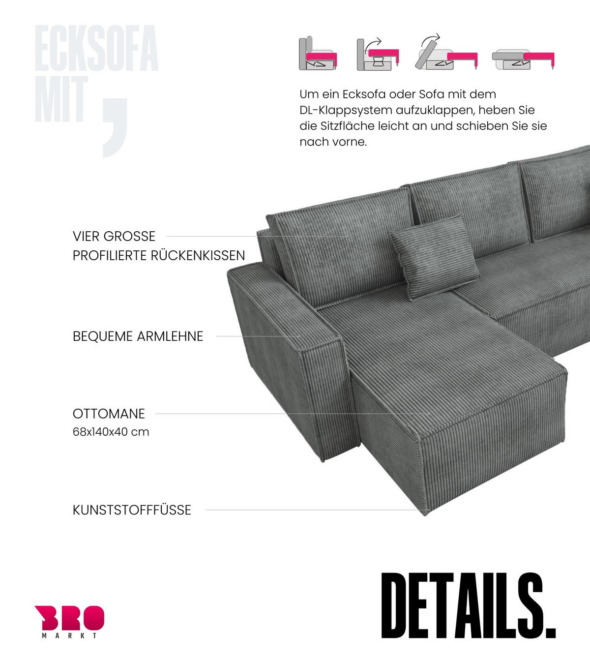 WOHNLANDSCHAFT Dexter U mit Schlaffunktion Grau Cord - Grau, Textil (310/80/141cm) - Bromarkt