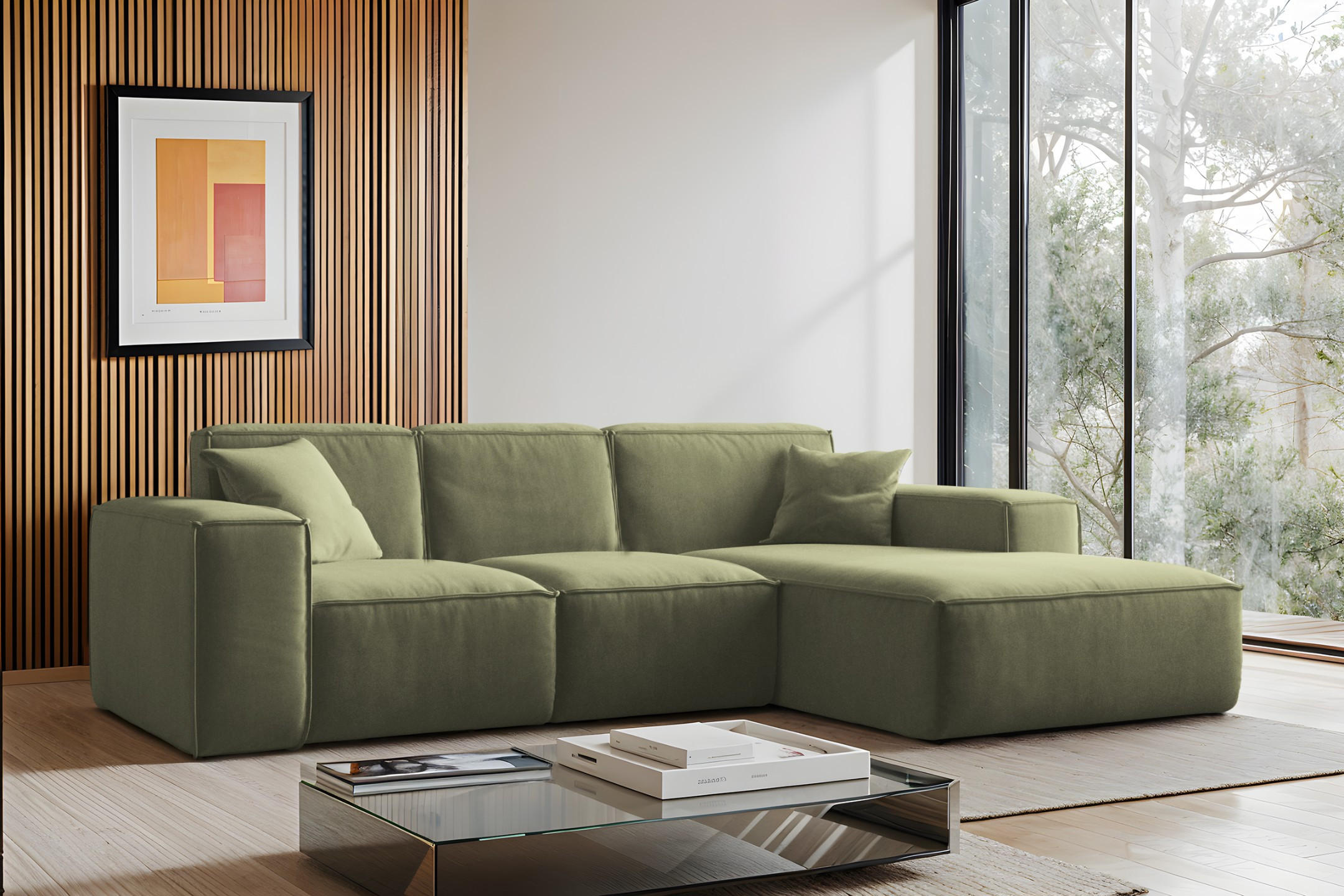 ECKSOFA, Sofa L form, Couch L form Siena L stoff Salvador Olive Rechts - Olivgrün, Holz (266/165cm) - Kaiser Möbel