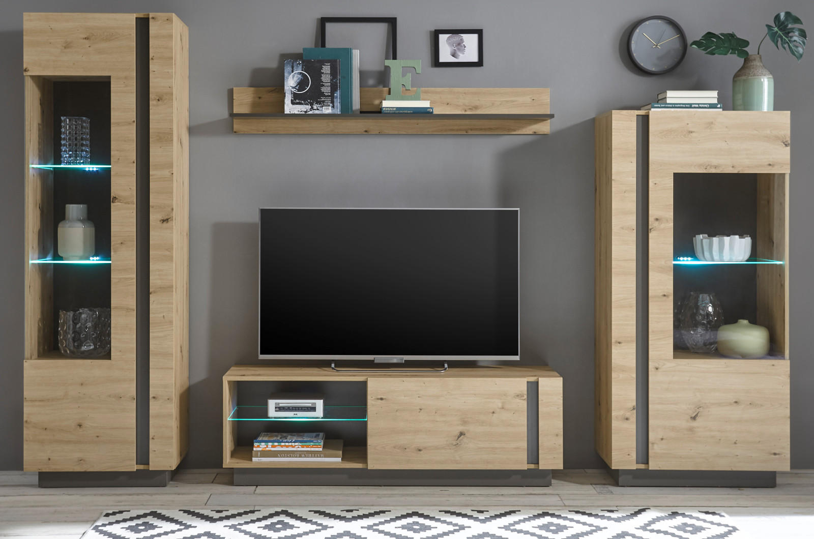 WOHNWAND 4-teilig Eiche Artisan, Graphit grau 290 cm, Schrankwand mit Soft-Close - Eiche Artisan/Grau, Glas/Holz (290/194/40cm) - Furn.Design