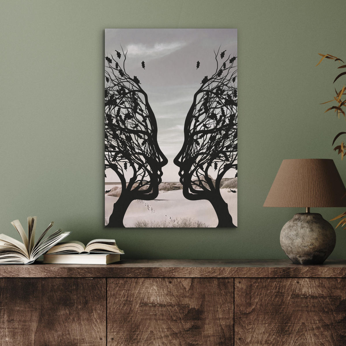 AKUSTIKBILD Strand - Meer - Menschen - Baum - Moderne Kunst Kunstdruck Schlafzimmer 50x70 cm - Hellgrau, Kunststoff (50/70/0.9cm) - MuchoWow