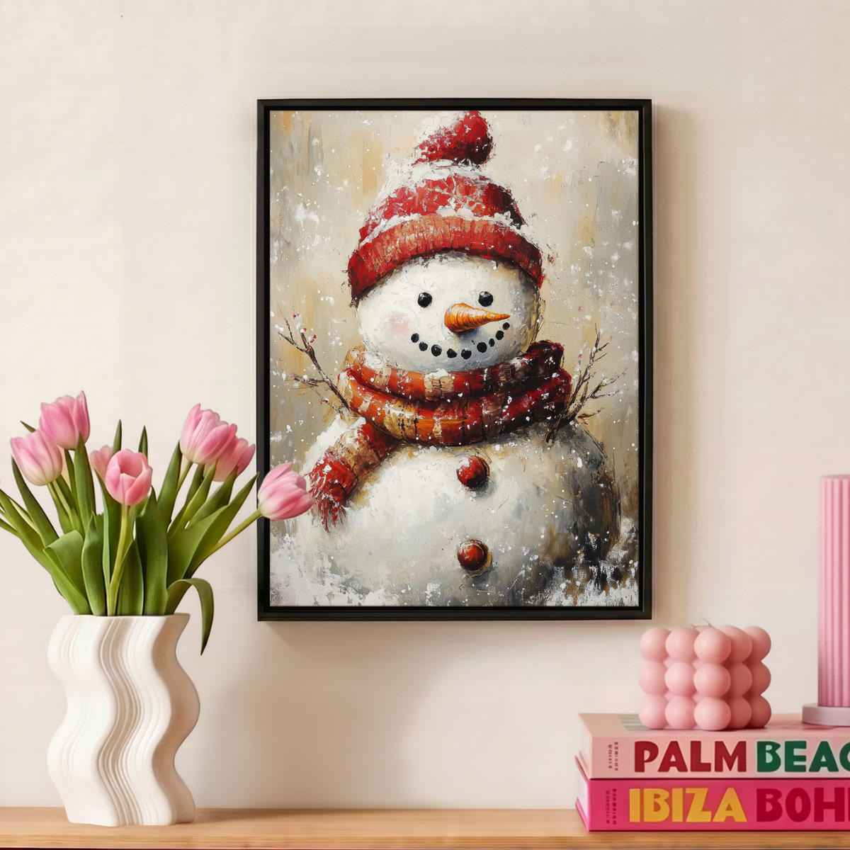 LEINWAND Bilder mit Rahmen - Schneemann - Winter - Schnee - Beige - 30x40 - Weiß, Textil (30/40cm) - MuchoWow
