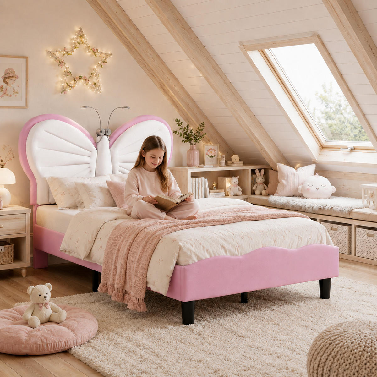 KINDERBETT 90/200 Rosa Schmetterling Polsterbett mit LED-Leseleuchte - Rosa, Metall (90/200cm) - Joyfair