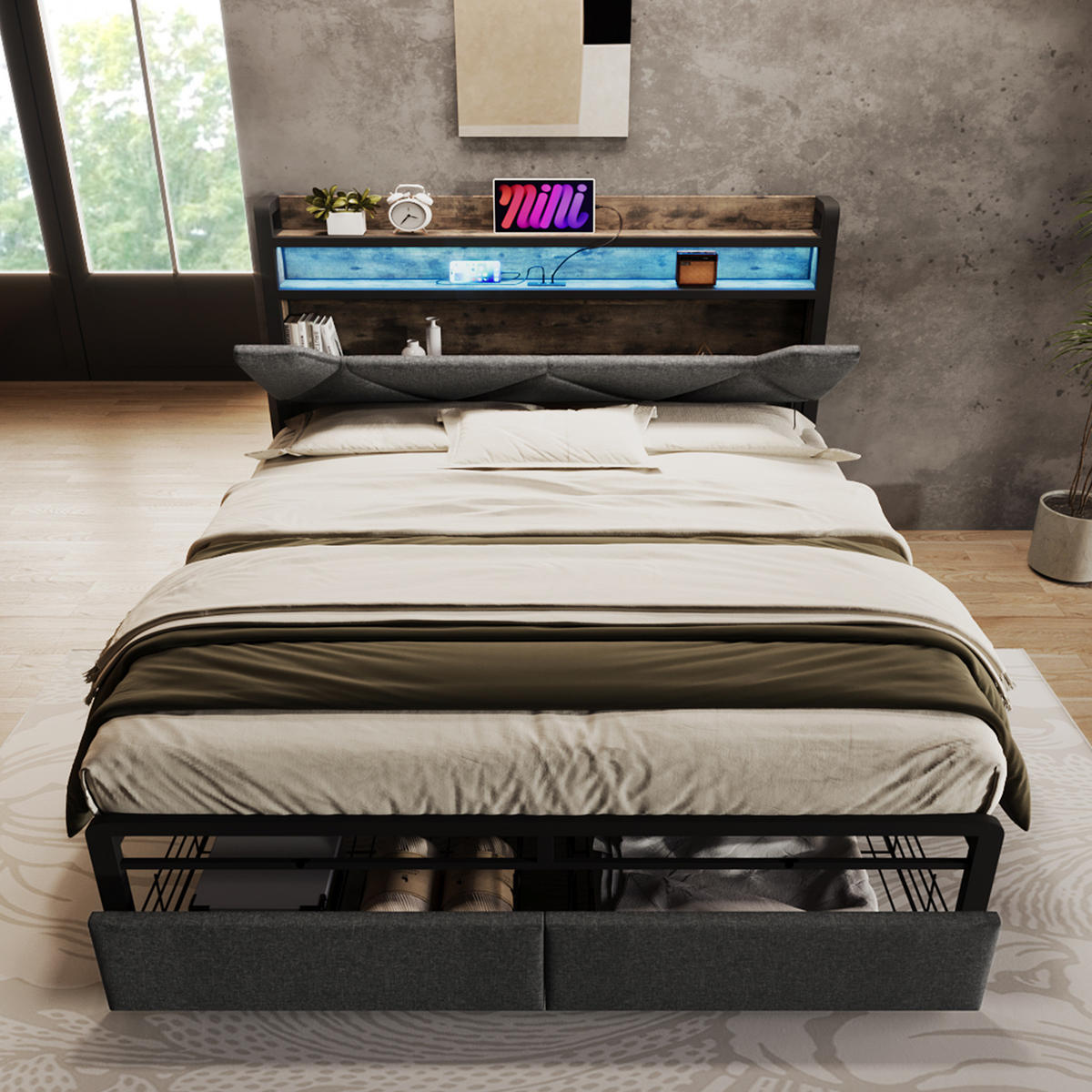 POLSTERBETT mit Matratze, USB, LED und Schubladen 160x200 cm Grau - Grau, Metall (160/200cm) - Meubliv