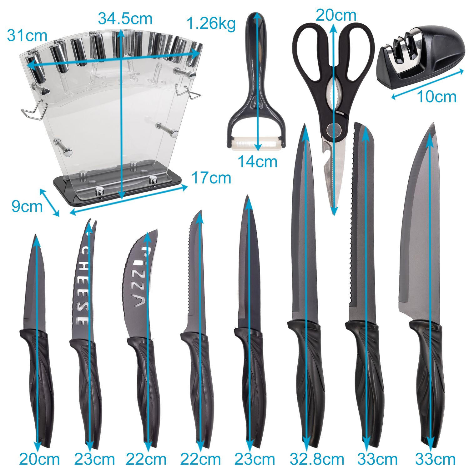 KÜCHENMESSER Set mit Messerblock und Schärfer (17-tlg.) - Schwarz, Metall (11.5/23.5/36cm) - Intirilife