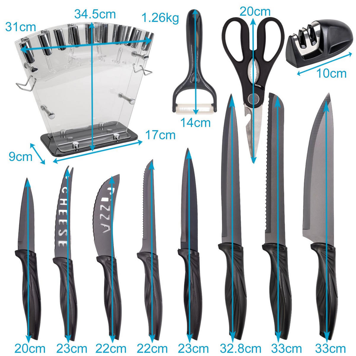 KÜCHENMESSER Set mit Messerblock und Schärfer (17-tlg.) - Schwarz, Metall (11.5/23.5/36cm) - Intirilife