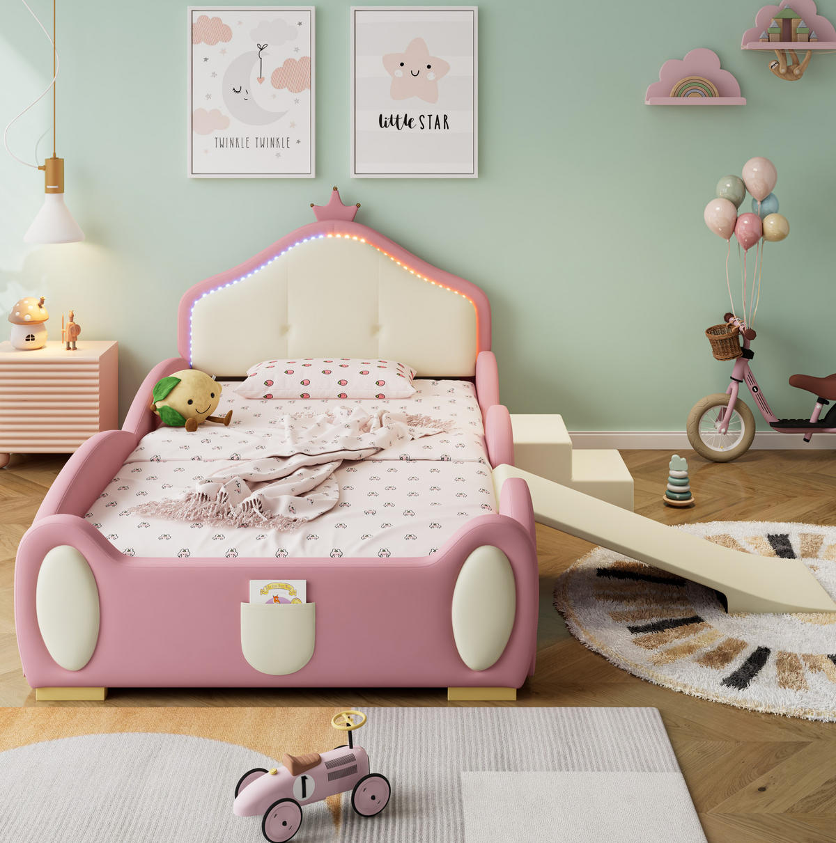 POLSTERBETT mit Rutsche, Treppe und LED 90x200 cm Rosa - Pink, Holzwerkstoff (90/200cm) - Beauniv