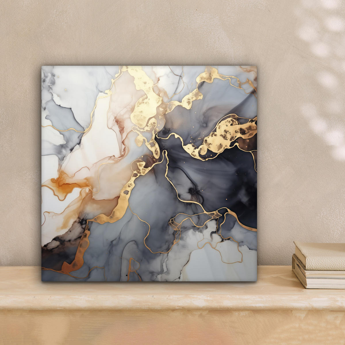 LEINWANDBILD Marmor - Schwarz - Gold - Weiß Deko Wohnzimmer 20x20 cm - Dunkelgrau, Textil (20/20cm) - MuchoWow