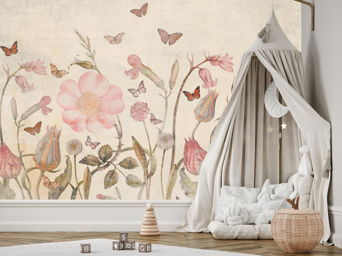 FOTOTAPETE für Kinderzimmer Wiesenblumen Aquarell Schmetterlinge Boho 500x350 - Beige/Rot, Papier (500/350cm) - Muralo