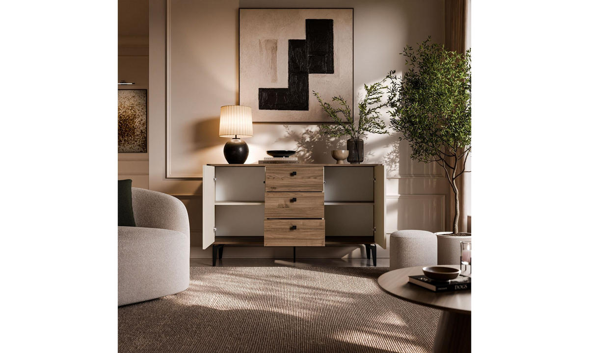 KOMMODE MOCHA 140/40/81 cm 2 Türen 3 Schubladen Kaschmir/Nussbaum Royal - Kaschmir/Schwarz, Holzwerkstoff/Kunststoff (140/81/40cm) - Lookway