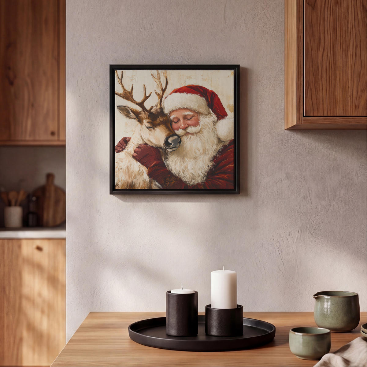 LEINWAND Bilder mit Rahmen - Weihnachtsmann - Rentier - Weihnachten - 20x20 - Rotbraun, Textil (20/20cm) - MuchoWow