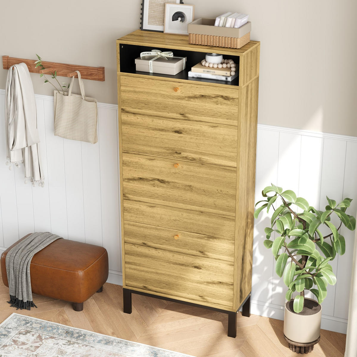 SCHUHSCHRANK 63/24/147 cm in Natur mit 3 Klappen und offenen Fächern - Naturfarben, Holzwerkstoff (63/147/24cm) - Flora Grace