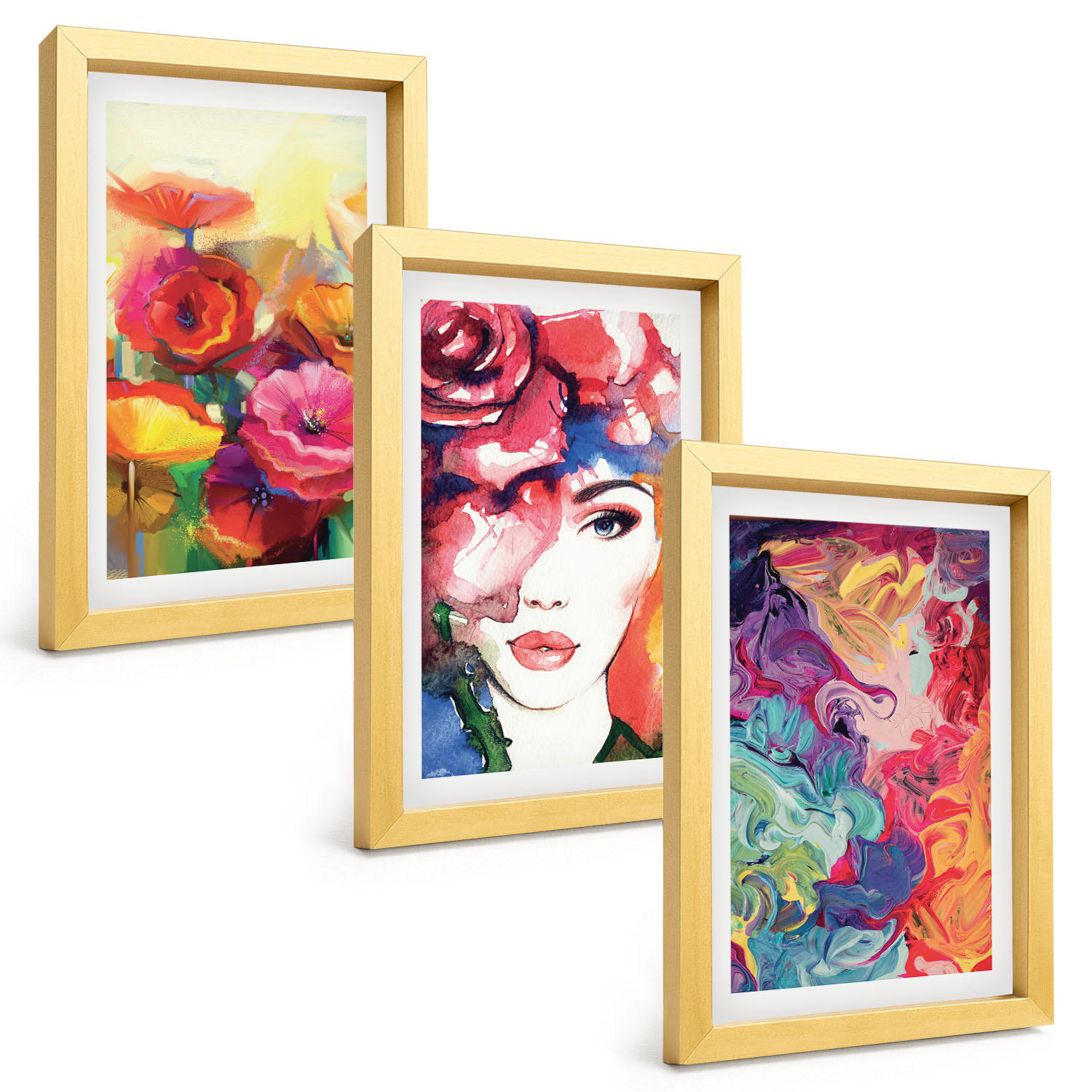 BILDER SET 3er Set - 20x30 cm Goldrahmen - Intensives Blumenporträt einer Frau - Goldfarben, Kunststoff (20/30cm) - TULUP