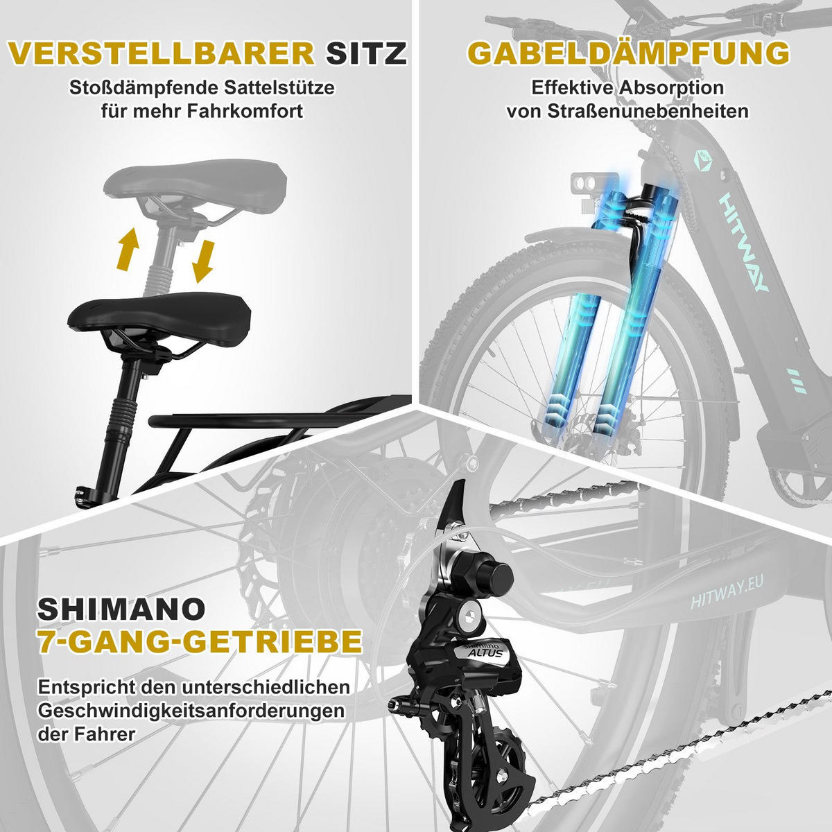 E-BIKE Cityrad BK16 Pedelec 26 *3,0 Zoll, mit 48V18Ah Akku bis zu 120km - Schwarz, Metall (27cm) - HITWAY