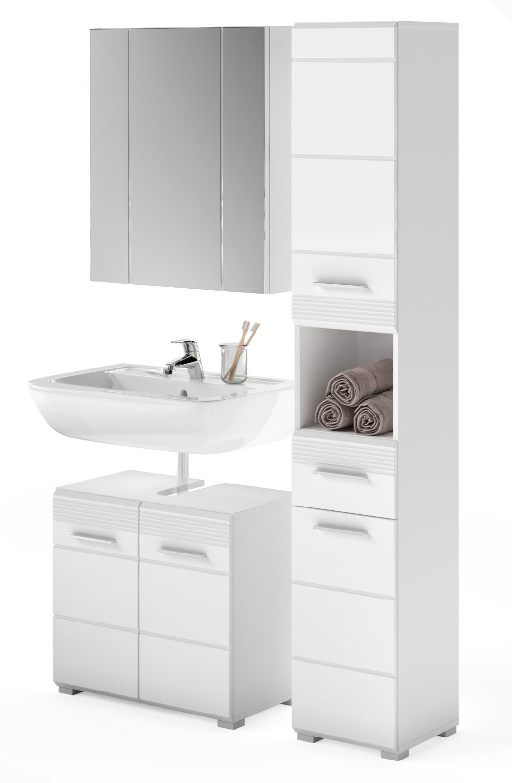 BADMÖBEL-SET weiß Hochglanz, 3-teilig 105 x 182 cm, Badkombination mit Spiegelschrank - Weiß Hochglanz, Glas/Holzwerkstoff (105/182/34cm) - Inn.Furn