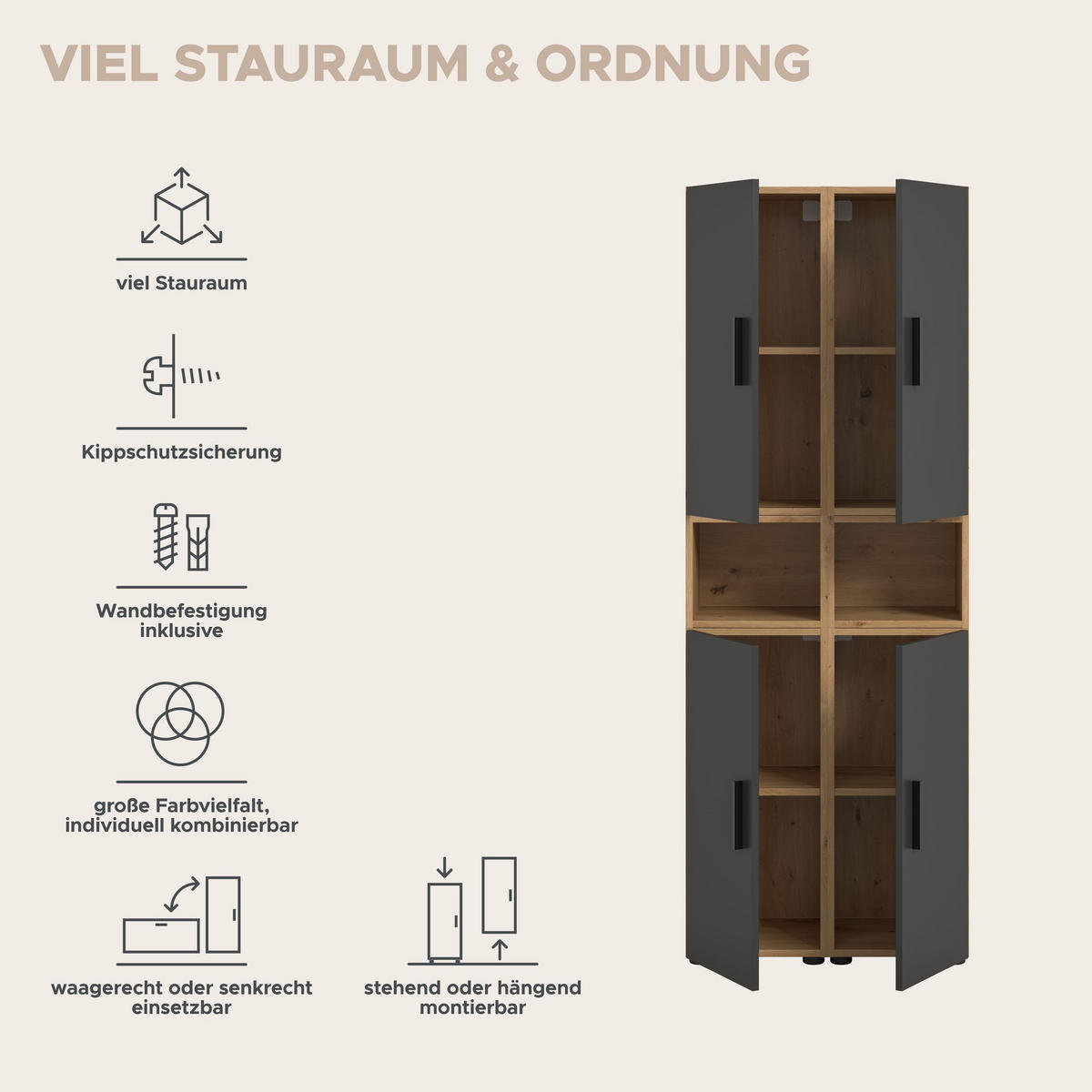 WOHNKOMBINATION THE ONE (B/H/T: ca. 65/178/34 cm) in Artisan Oak Nachbildung/Basalt grau - Eiche Artisan, Holzwerkstoff (65/178/34cm)