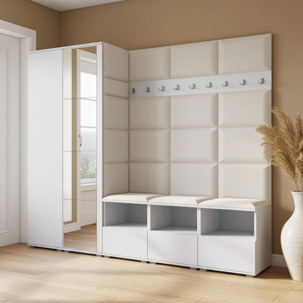 GARDEROBE NELA VII 250 cm (Modulare Flurmöbel XL Weiß mit Spiegel & Sitzpolster Creme 01 Universell) - Silberfarben/Creme, Holz/Holzwerkstoff (250/187/40cm) - Ravio