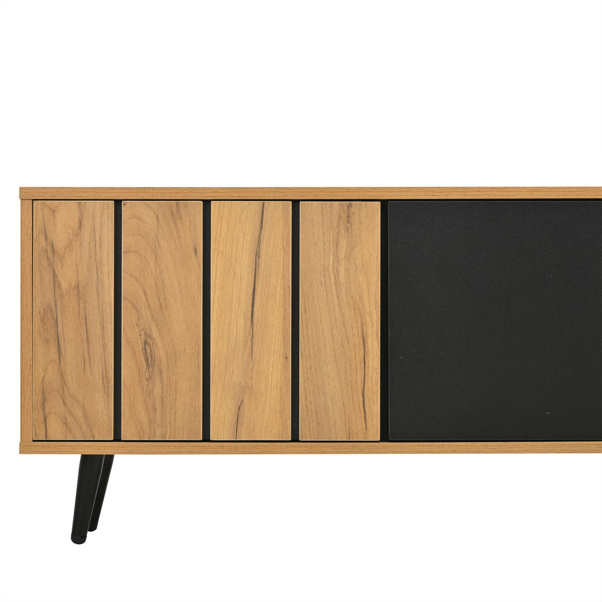 LOWBOARD 175/31.5/45 cm für 75 Zoll Holzoptik Schwarz Glas 6 Beine MDF Stauraum modern - Schwarz/Naturfarben, Glas/Holz (175/45/31.5cm) - EVRYAE