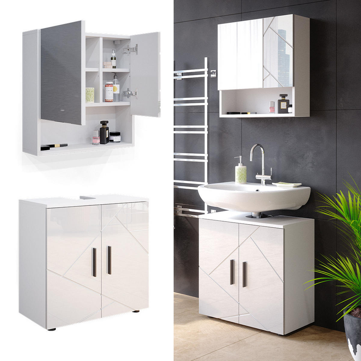 BADMÖBEL-SET Irma Weiß Hochglanz 2 Teile, Unterschrank 60 cm - Weiß Hochglanz/Weiß, Holzwerkstoff (80/58.6/41cm) - Vicco
