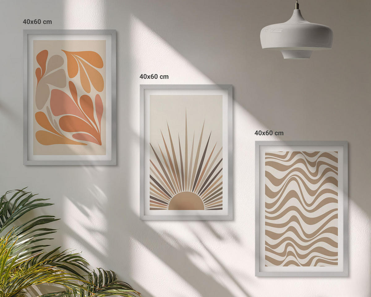 BILDER SET 3er Set - 40x60 cm Silberner Rahmen - Sonnen-Boho-Pastelltönen - Silberfarben, Kunststoff (40/60cm) - TULUP