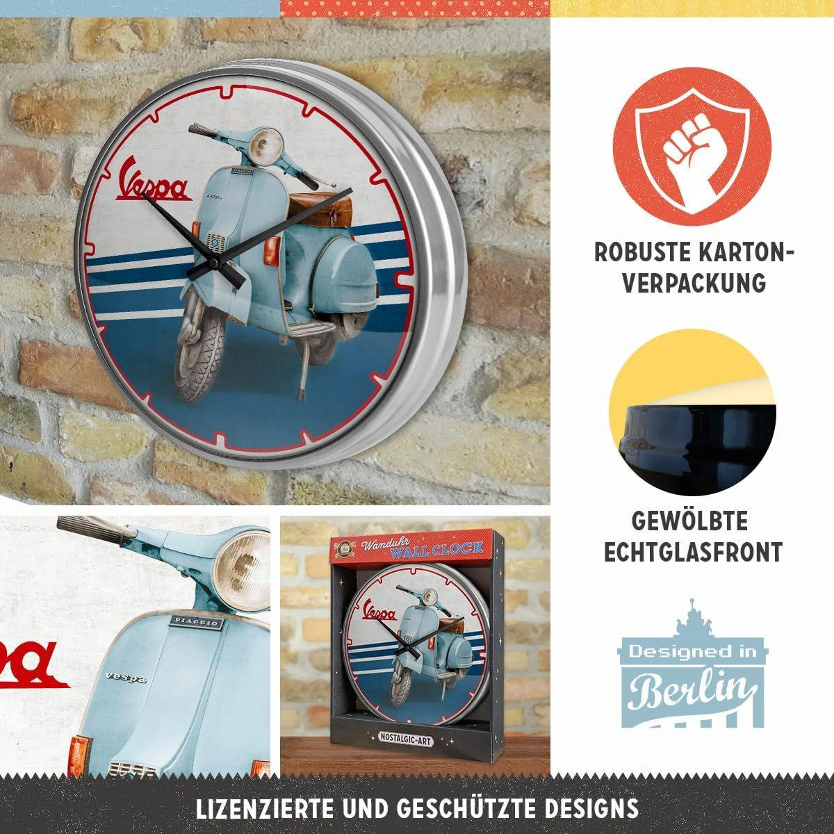 WANDUHR 31 cm Vespa Iconic - Blau/Weiß, Metall (31/31/5cm) - Nostalgic-Art