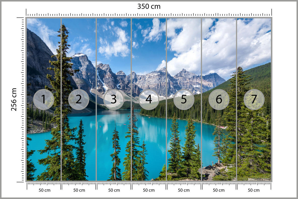 FOTOTAPETE See Berge Wald Landschaft 3D 350x256 - Türkis/Blau, Papier (350/256cm) - Muralo