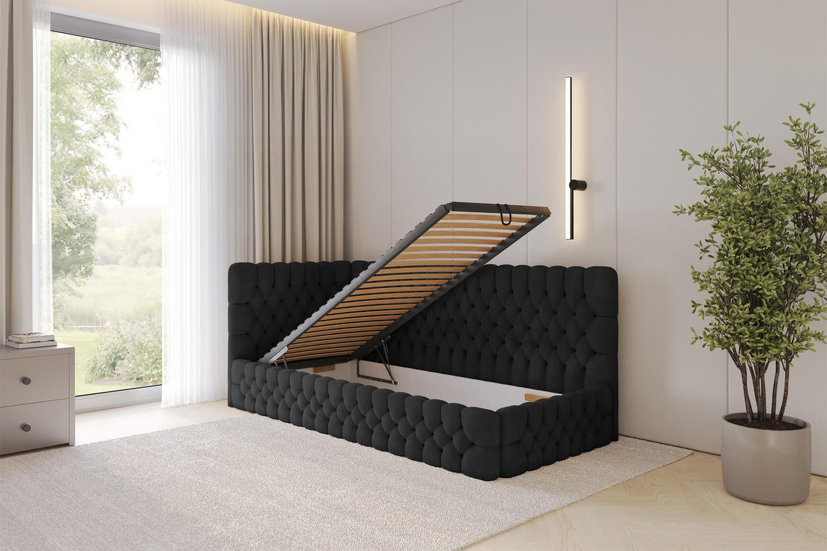 EINZELLBETT Jugendbett mit Bettkasten und Matratze H3/H4, Rechts - MULY 100x200 Schwarz - Anthrazit, Holzwerkstoff/Textil (100/200cm) - ALTDECOR