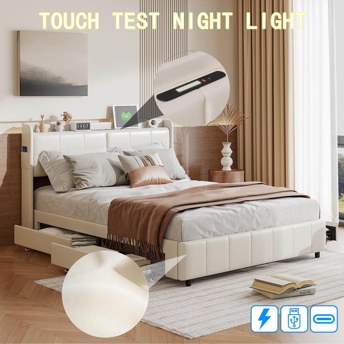 POLSTERBETT 140x200 cm, Weiß, mit USB, 4 Schubladen, LED - Weiß, Textil/Metall (140/200cm)