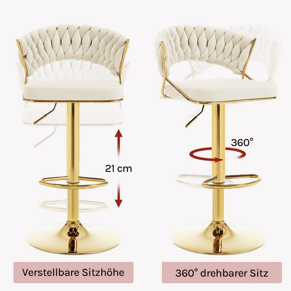 BARHOCKER mit geflochtener Rückenlehne, Samt, Creme - Goldfarben/Creme, Textil/Metall (48/83/46.5cm) - Woltu