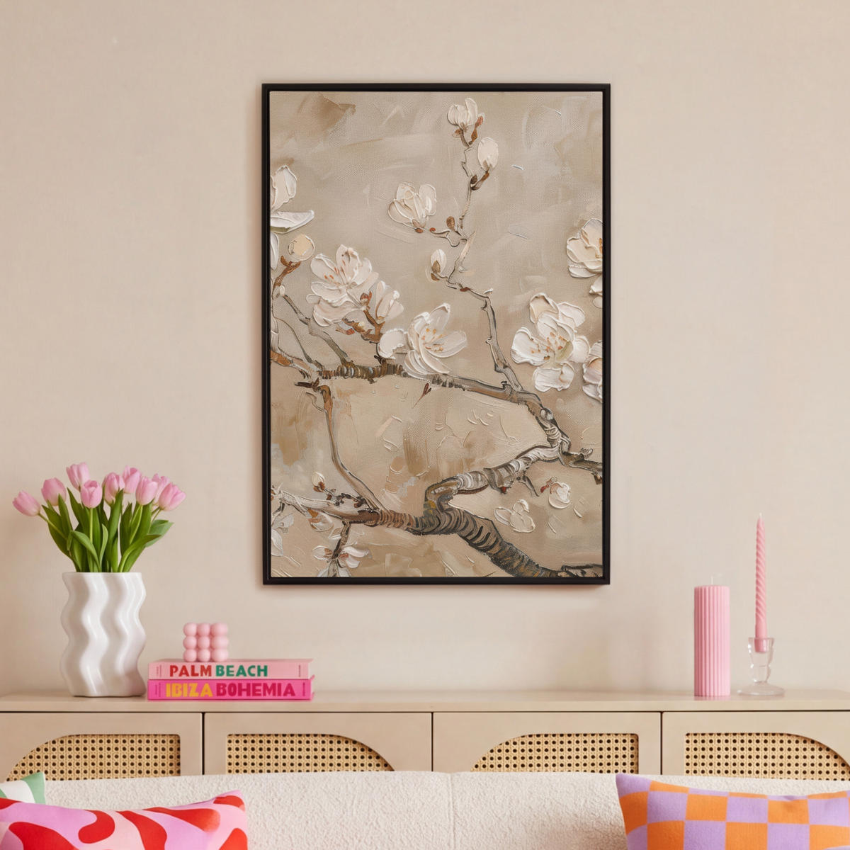 LEINWAND Bilder mit Rahmen - Blumen - Modern - Beige - Weiß - Blüte - 60x90 - Beige, Textil (60/90cm) - MuchoWow