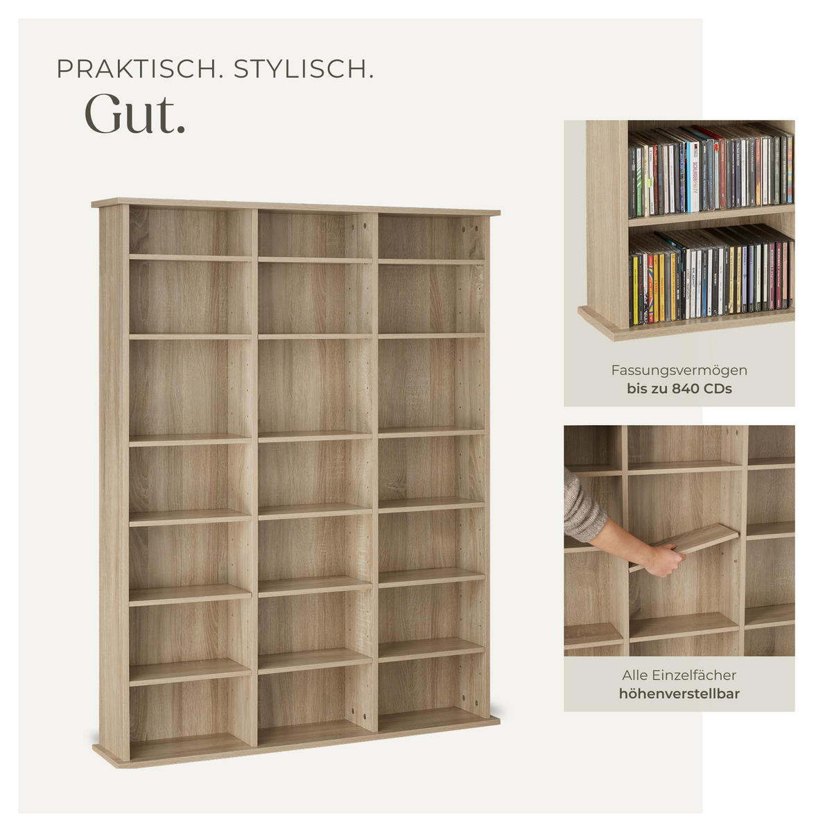 CD/DVD Regal Stevie,105,5 x 19 x 136,5 cm,Holz hell, Eiche Sonoma - Eiche Artisan, Holz (19/136.5/105.5cm) - tectake