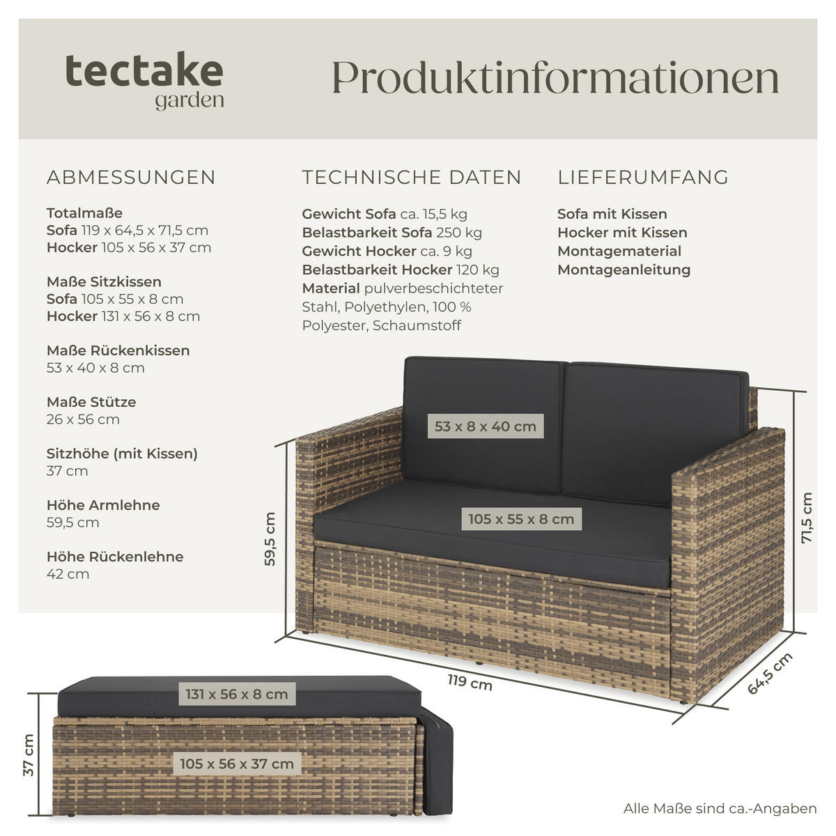RATTANLOUNGE Korfu,Hocker mit klappbarer Stütze,natur - Naturfarben, Kunststoff - tectake