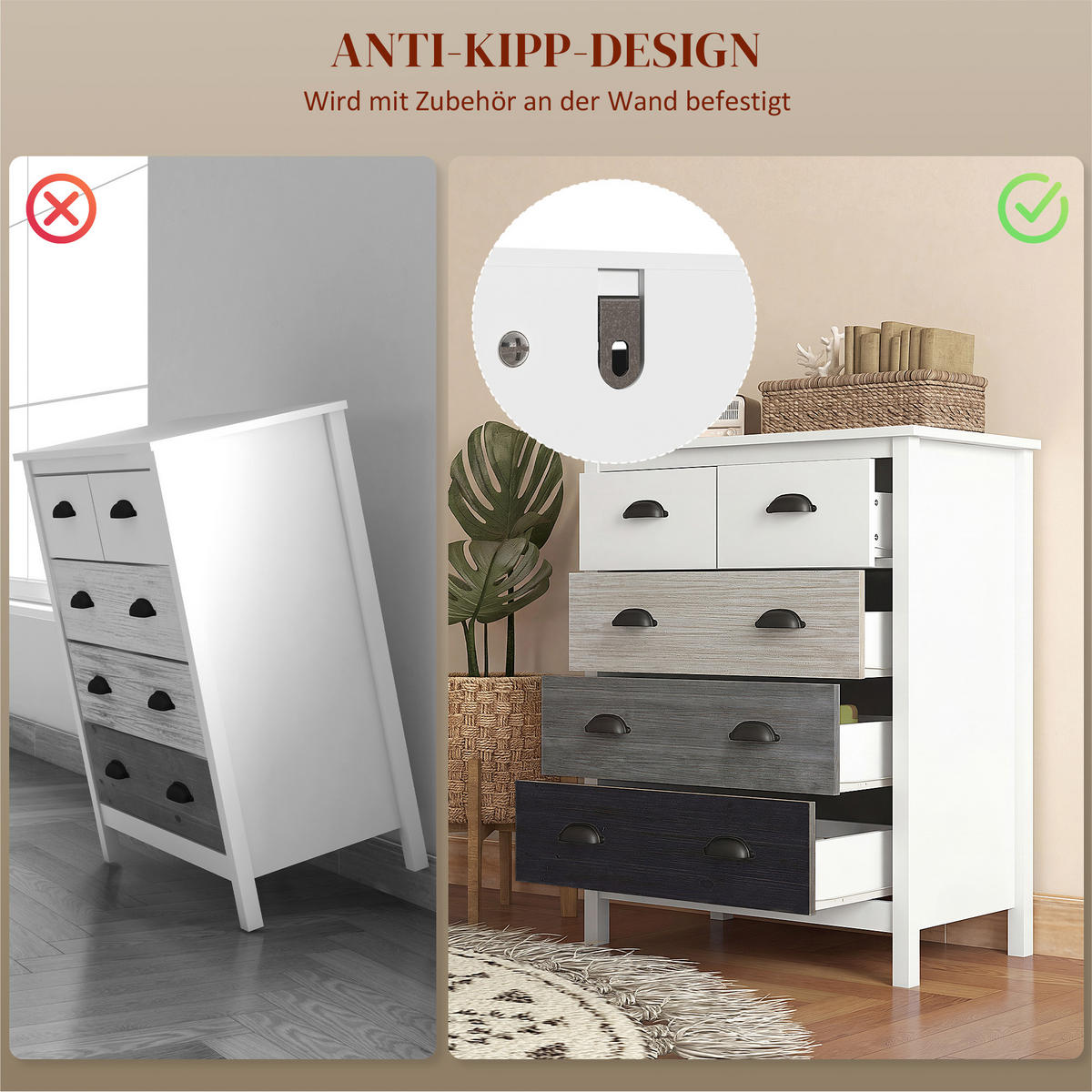 KOMMODE Aufbewahrungsschrank mit 5 Schubladen, Schubladenschrank mit Griff - Weiß, Metall (38/85/70cm) - HOMCOM